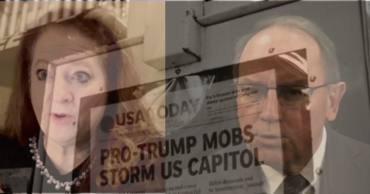 Maria Lazar and Tom Tiffany overlayed with a newspaper headline that reads: 