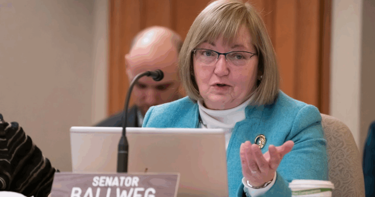 Joan Ballweg in front of a laptop and name plate, speaking into a microphone