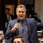 Rep. Shannon Zimmerman in chamber, raising hand speaking into microphone