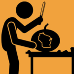 stick figure carving wisconsin into pumpkin