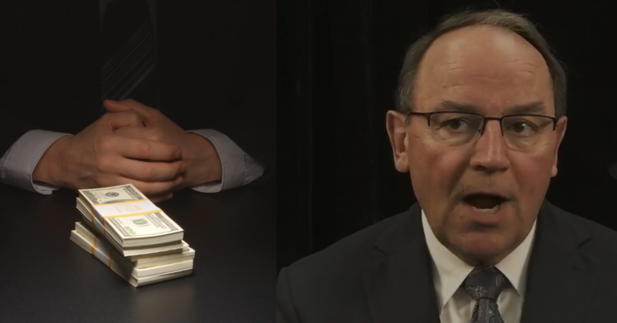 Tom Tiffany next to clasped hands and a stack of money