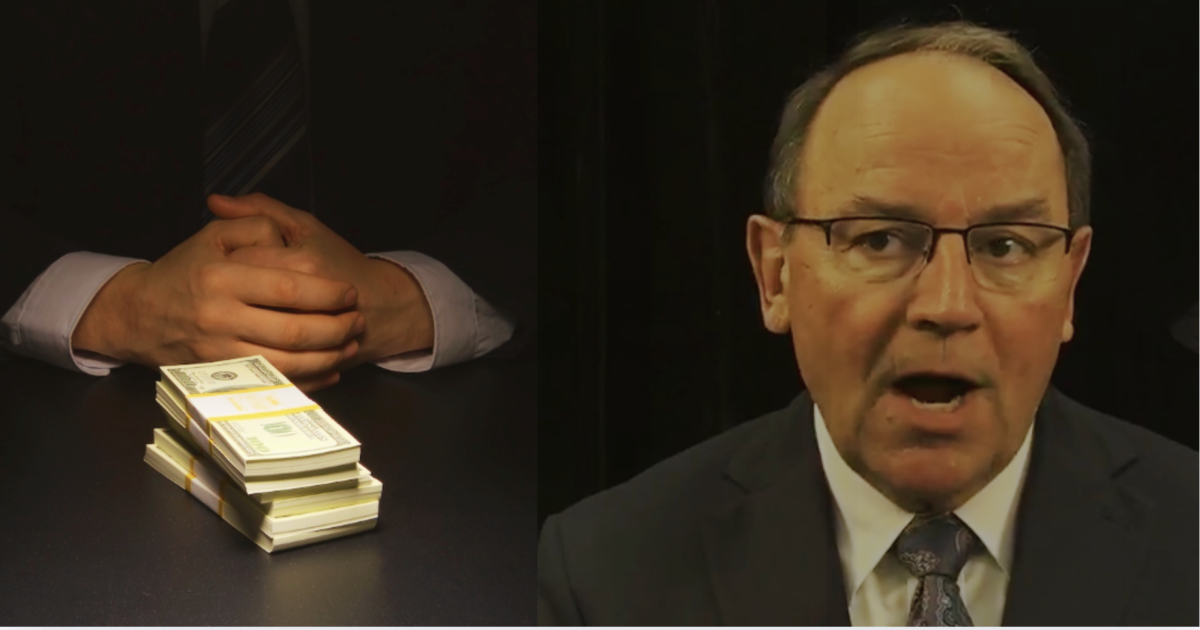 Tom Tiffany next to clasped hands and a stack of money
