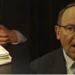 Tom Tiffany next to clasped hands and a stack of money