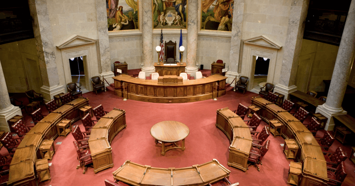 empty wisconsin capitol legislative chamber, overhead shot