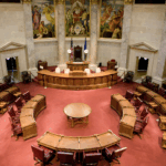 empty wisconsin capitol legislative chamber, overhead shot