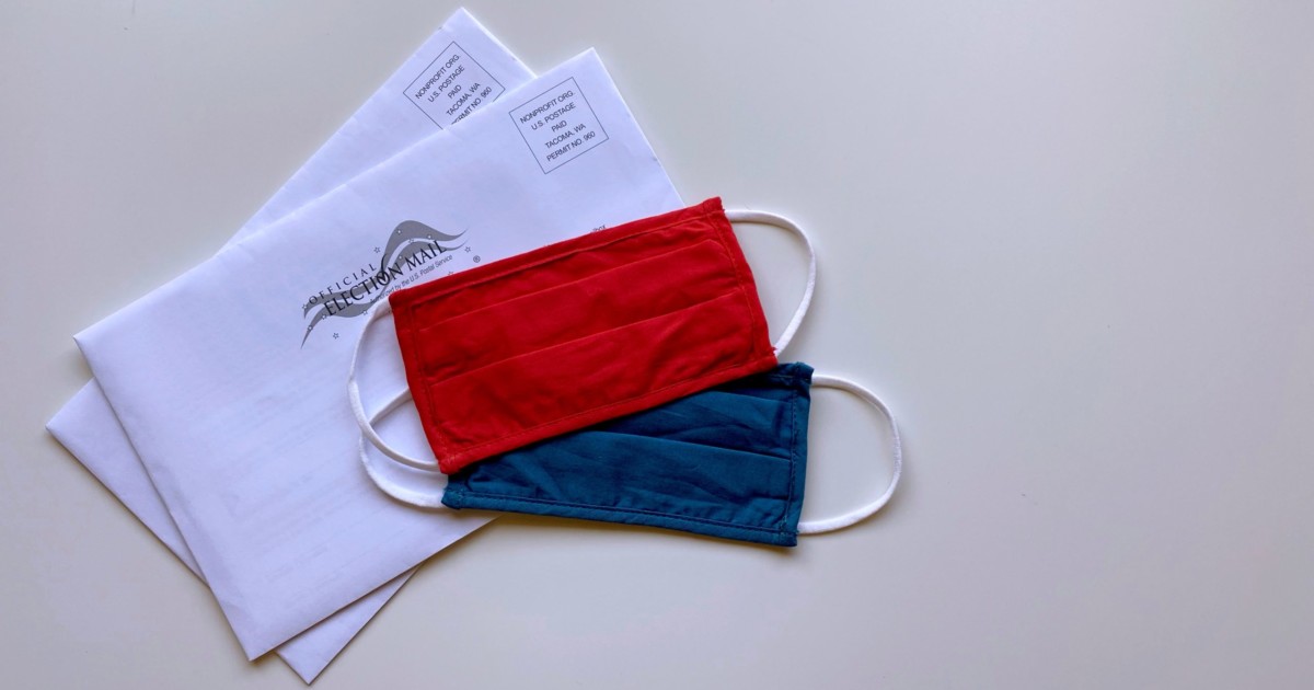 mail-in ballots with a red mask and a blue mask