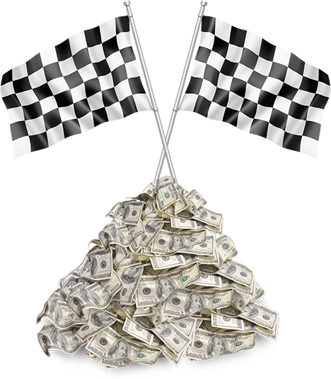 pile of money with two checkered flags